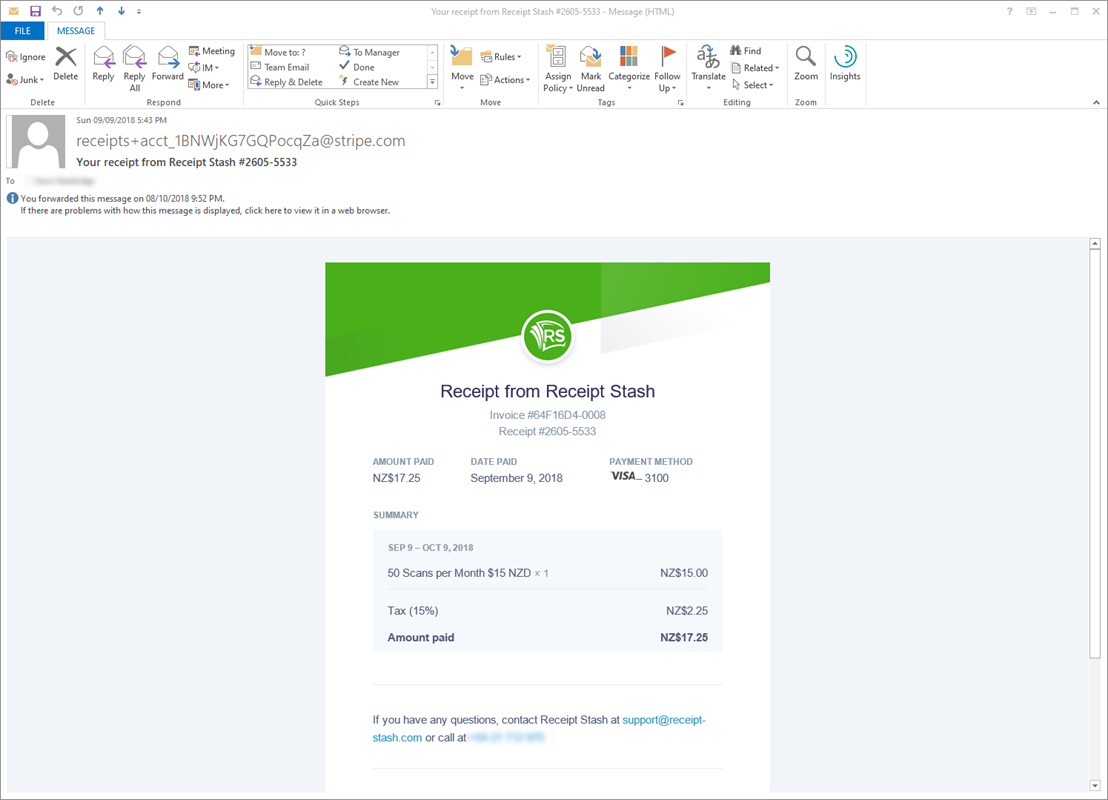Outlook receipt email