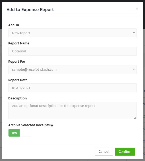 Add to expense report window